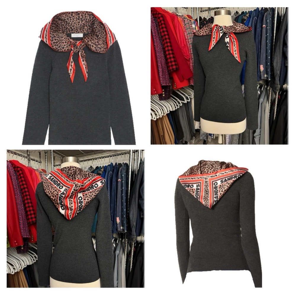 Sandro Ribbed Sweater with Silk Hoodie